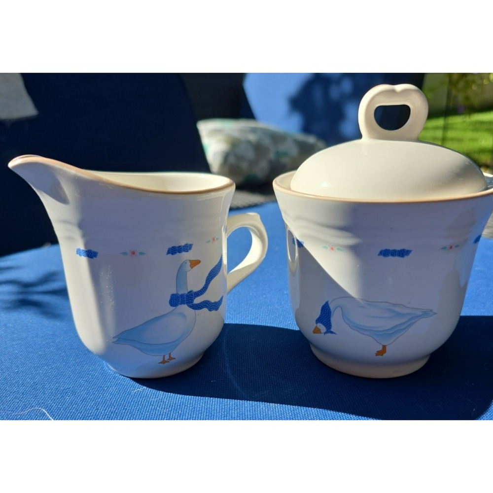 Vtg JMP Stoneware Country Ribbon Geese Pattern Creamer Sugar Bowl Cottagecore
